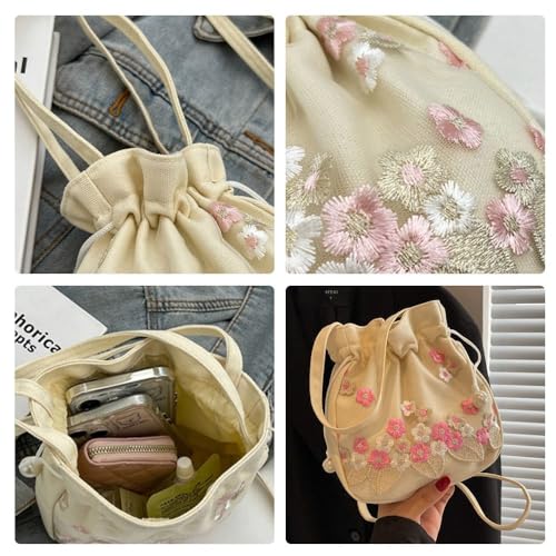 Messenger Bag Large Capacity Female Single Shoulder Daily Embroidered Flower Light Pink2