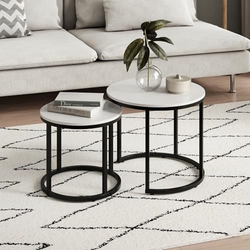 Home Collective Couchtisch 2er Set rund aus Holz, Wohnzimmertisch Modern, Beistelltisch Set 2 in 1 mit Metallgestell für Wohnzimmer Büro Beistelltisch Loft Design Twin | Weiß