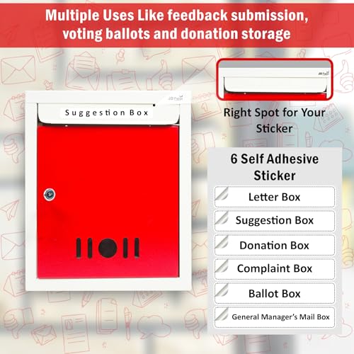 Image of JD FRESH Wall Mount A4 Size Letter Box /Mail Box /Suggestion Box /Complaint Box for Office /Post Box for Home gate with Clear Window View & Secure Key Lock - (Red & Ivory)
