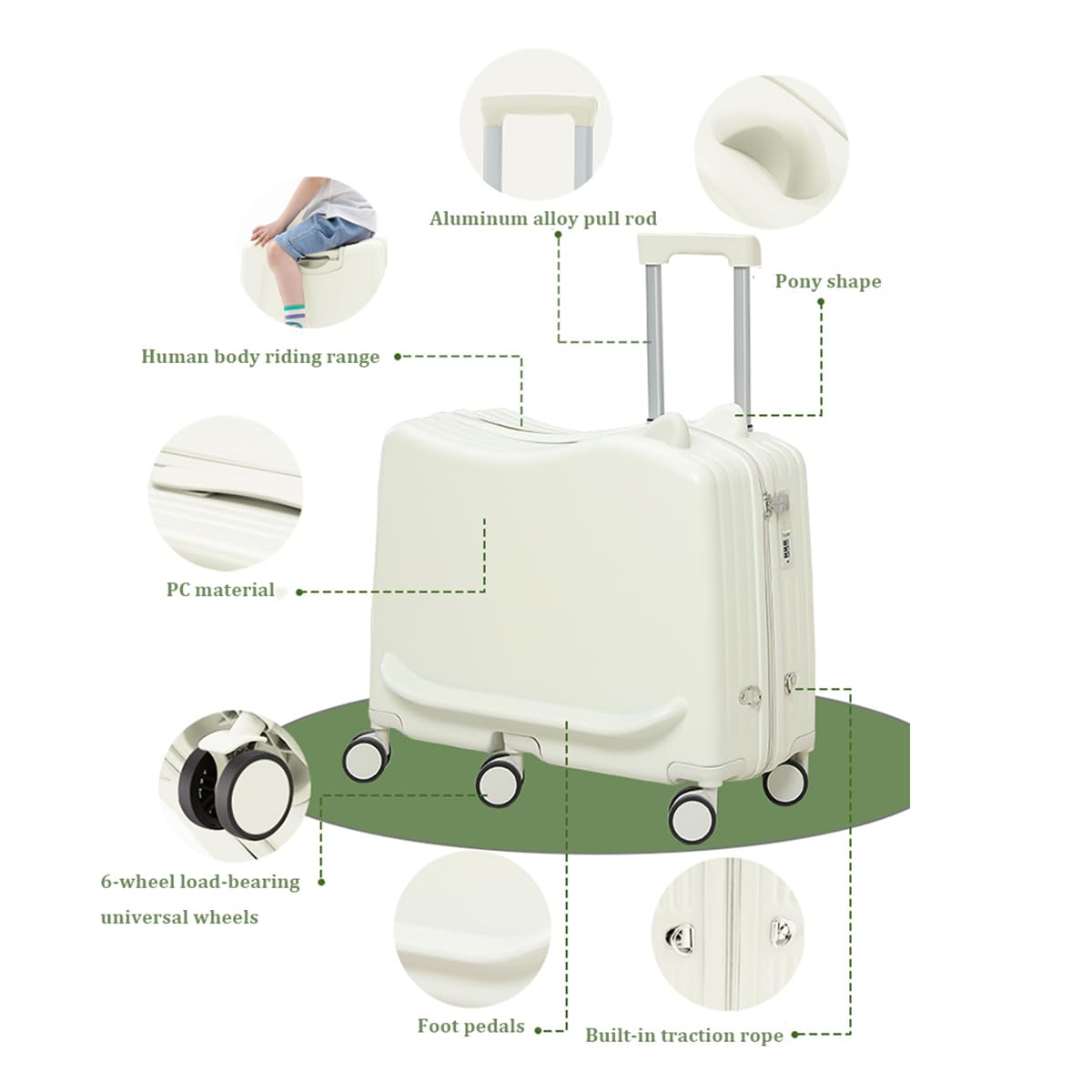 Reisekoffer zum Aufsitzen für Kinder, Rollgepäck für Kinder mit Zahlenschloss, Sicherheitsgurt/Teleskopgriff, Reisegepäcktrolley für Kinder mit 6 Universalrädern, für Jungen und Mädchen,F,24inch