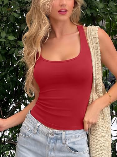 PINKMSTYLE Double Lined Scoop Neck Tank Top for Women Basic Sleeveless Summer Tops Slim Fit Workout Outfits Red X-Large — view 6