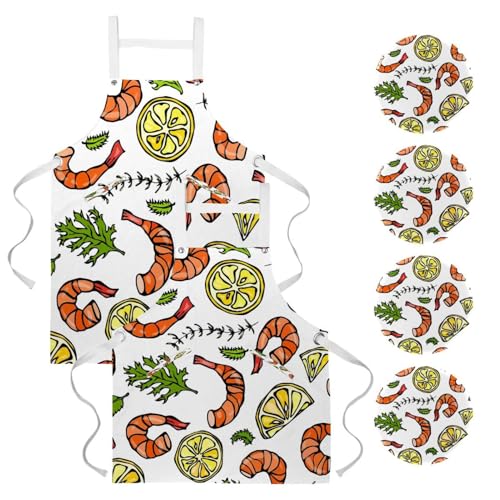 Lot de 2 tabliers de cuisine à motif crevettes et herbes avec 4 broches