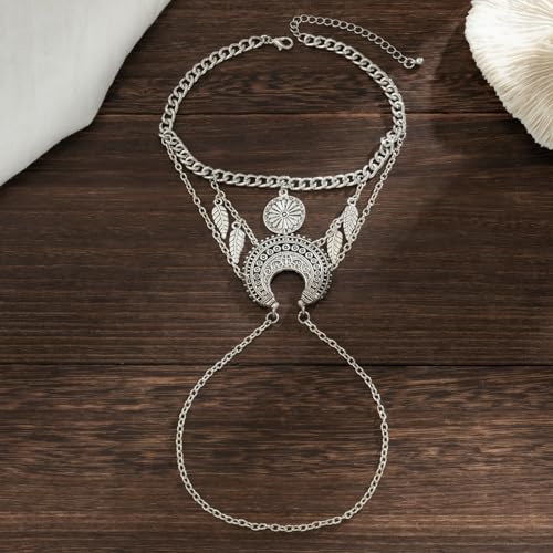 Bohemian Retro Silver Leaf Moon Upper Arm Cuff Punk Long Chain Tassel Armlet Bangle Bracelet Layered Open Cuff Armband for Women4
