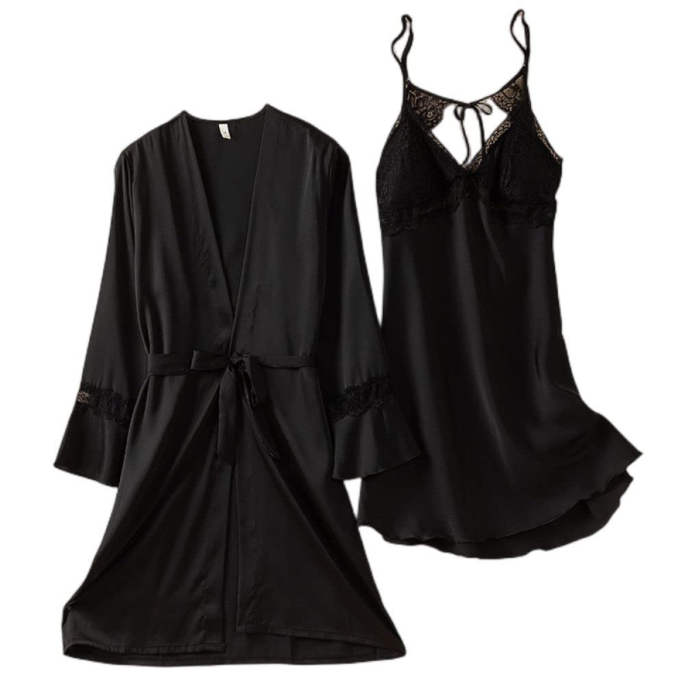 Pigiami Donna,2 Pezzi Set Accappatoio In Raso Sexy Pizzo Nero A Rete Senza Schienale Con Lacci Vestaglia Camicia Da Notte Set Kimono Leggero Accappatoio Pigiama Sposa Vestaglia Bademantel Damen,Blac