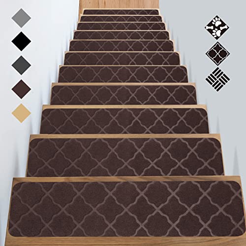 GOYLSER Alfombra Antideslizante para escaleras de Fieltro para escaleras Autoadhesivas, Tiras de Agarre de 15 Unidades, Paso de escaleras para Mayores, niños, Perros de Mascotas, Cubo marrón 76x20 cm
