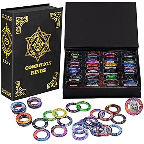 Upgraded DND Condition Rings 96 Status Effect Markers with Color Printing in 24 Conditions & Spells, and with Magic Book Storage Box Ideal Tabletop RPG Gift for DM or Player Cover