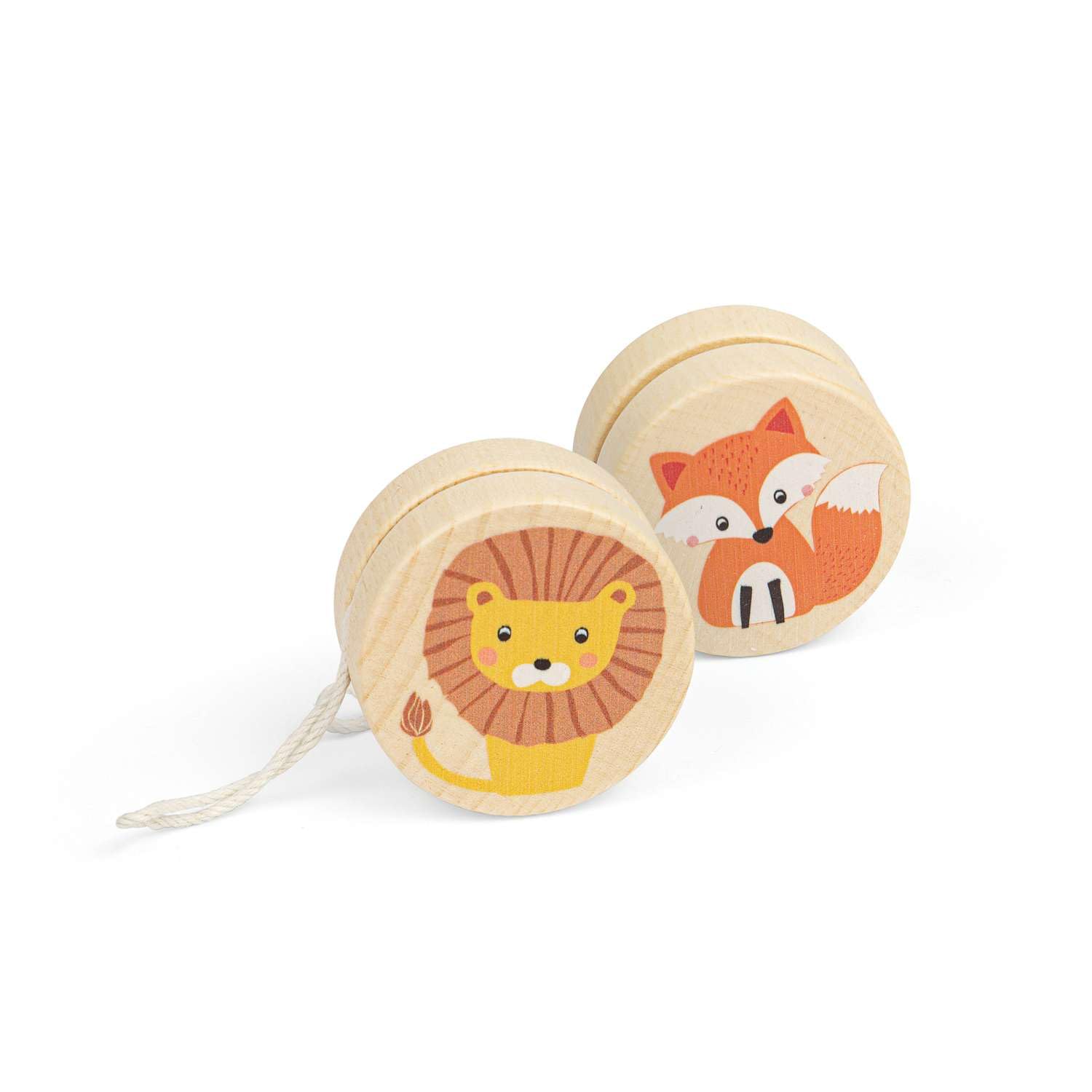 Bigjigs Toys Wildlife Yo-Yos (Fox & Lion) - 2pcs Wooden Animal Yo-Yo Set, Retro Pocket Money Gifts For Girls & Boys, Kids Party Bag Fillers, Age 3 Years Old +