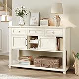 Vabches Entryway Table with 2 Sliding Barn Doors & 3 Drawers, 47' Farmhouse Console Table with Storage Shelf, Rustic Sofa Table Behind Couch for Hallway, Living Room, Entryway, White Grey