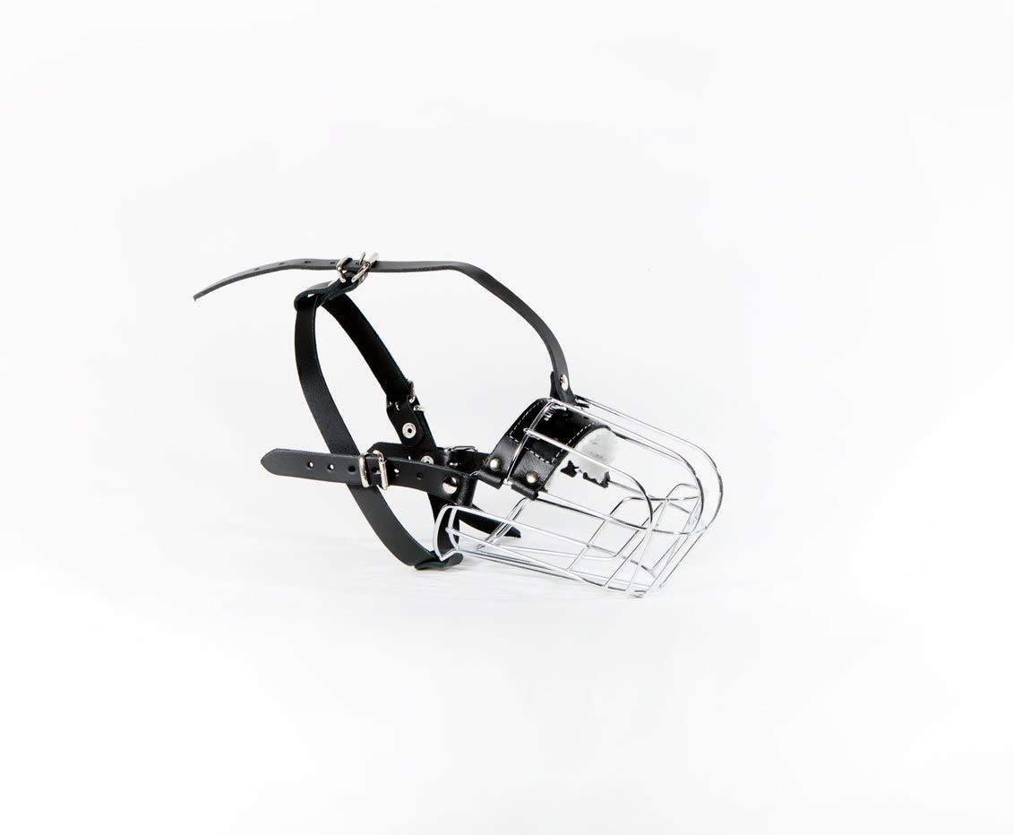 Muselière en fil métallique pour Border Collie taille 4 avec panier argenté et cuir noir