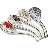 4 Pieces Japanese and Korean Ceramic Soup Spoons Set Asian Retro Chinese Ceramic Rice Spoons Curved...