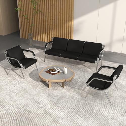 kinbor Waiting Room Chairs with Armrest - PU Leather Lobby Reception Chairs, Office Guest Seating Furniture for Clinic Airport Hospital Barber Salon Bank, Black