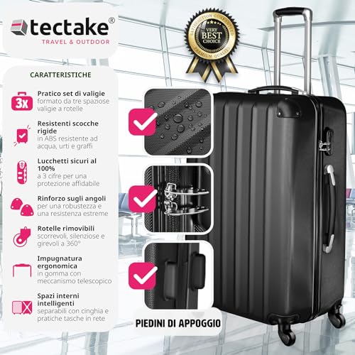 Tectake® Set Valigie Trolley Rigide, 3 Pezzi, Grande, Medio, Bagaglio A Mano, Ruote Girevoli A 360°, Struttura Abs Robusta, Maniglie Telescopiche In Alluminio - Nero - 2