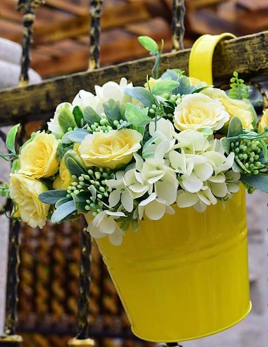 Wensmy 4pcs Metal Hanging Flower Pots With Drainage Hole Balcony Flower Bucket Wall Planter Garden Planters with Detachable Hook for Balcony Fence Decor (Yellow) - Image 2