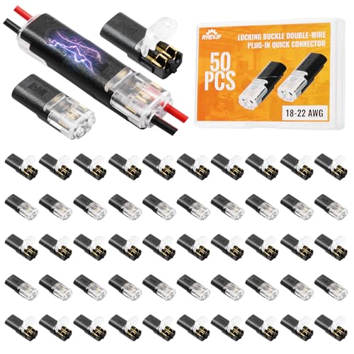 RVIEVJP 50Pcs D2 Quick Connect Wire Connectors Optional Stripping Double Wire Plug in Connector with Locking Buckle Flame Retardant 2Pin for LED Strip Lights DIY Low-Voltage & Model Kits 18-22AWG
