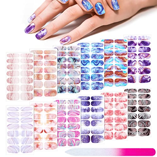 Maitys 168 Pcs 12 Sheets Full Wrap Nail Stickers Polish Strips Gradient Stickers Glitter Self Adhesive DIY Gel Nail Strips Decals with 1 Pcs Fingernail Files for Holiday Decor(Vivid Style)