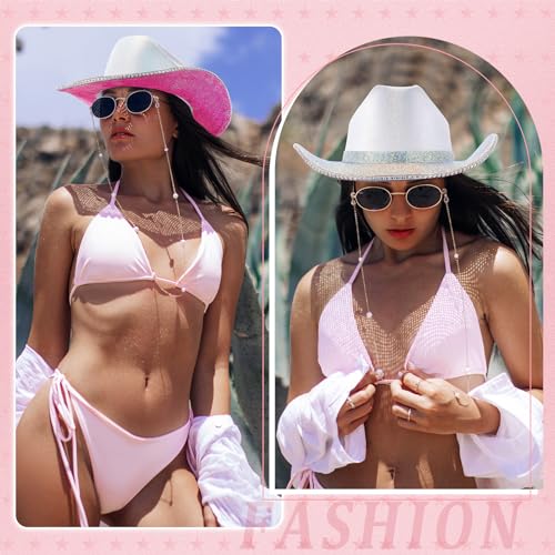 Image of Hercicy Rhinestone Cowboy Hat with Diamond Fringe CowHat for Cosplay Wedding circumference between 21.5 and 23.5 inches