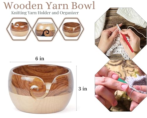 Image of Large Wooden Yarn Bowl | Handmade Knitting Wool Storage Bowl | Yarn Holder Dispenser with Holes to Prevent Slipping and Tangles for Knitting & Crocheting (Brown & Offwhite)