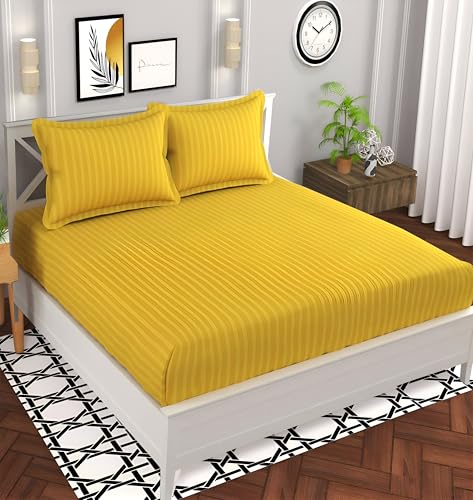 Image of 220 Cotton Feel Glace Cotton Double Bedsheet with 2 Pillow Cover (90x90 inch) Yellow