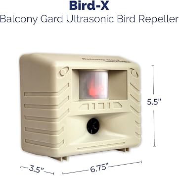 Bird-X Balcony Gard, Ultrasonic Bird Preventer, Outdoor Bird Decoy with Motion-Sensor, Easy to Install, Covers up to 900 sq. ft., 15 to 25 kHz Frequency, 6.75 x 5.5 x 3.5