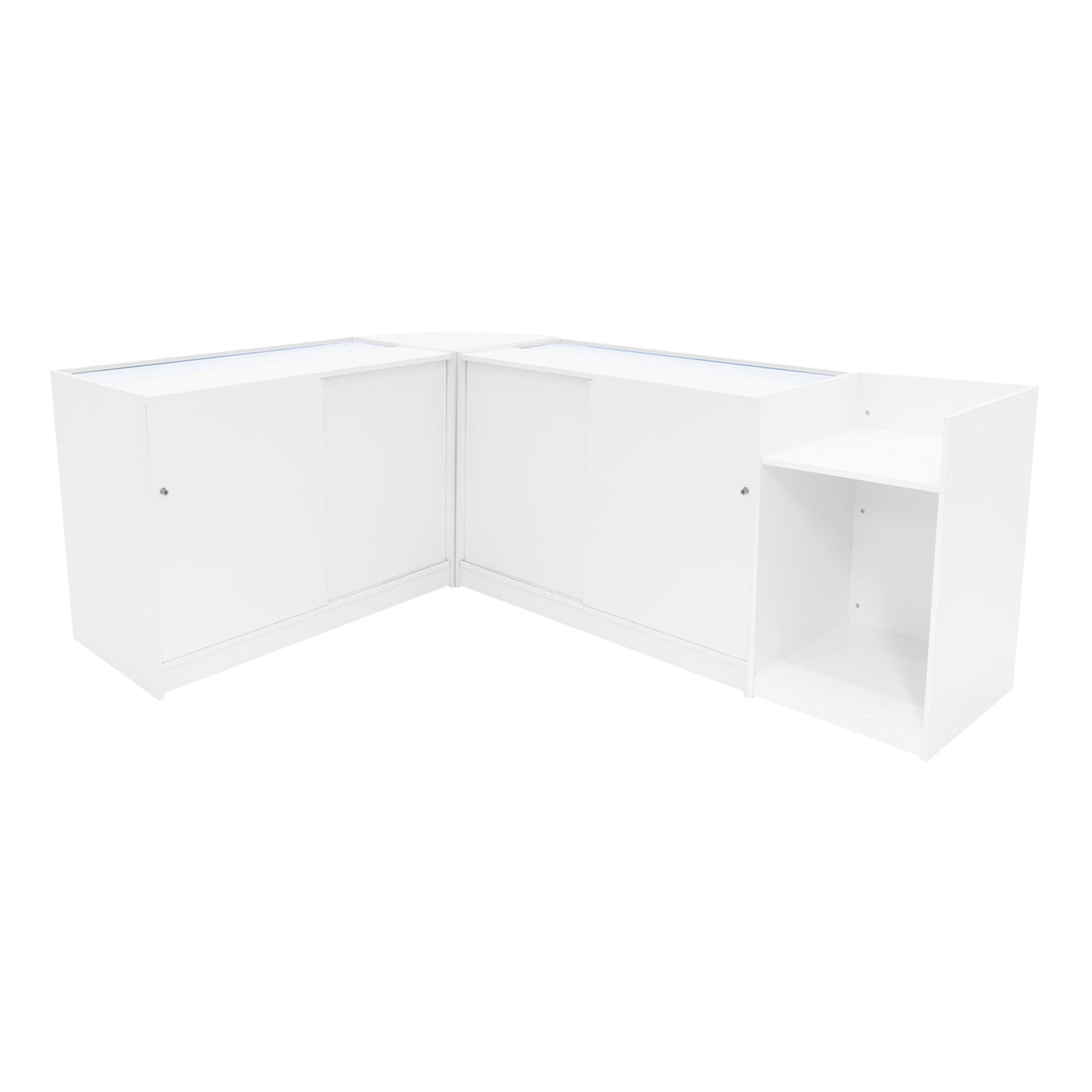 Set Banconi Negozio Bianco con LED Luna – Vetrina B1200, CM60 Angolare, TB60 con Serratura e Ripiani – Espositori in Vetro Temperato per Negozi, Gioielli, Abbigliamento, Cassa, Illuminazione