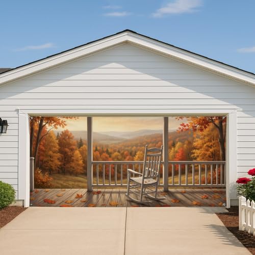 Decoración de otoño para puerta de garaje con paisaje rústico de árboles y mecedora 7