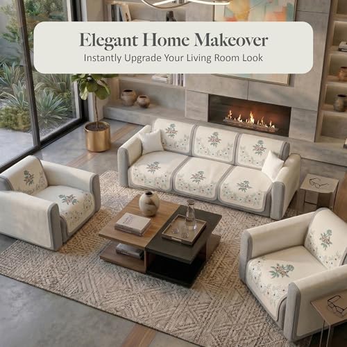 Image of Kuber Industries 5 Seater Sofa Cover | Slipcover for Living Room | Thick & Cozy | Non-Slip Comfort Sofa Cover Set | Painting Delta 1380 - Cream