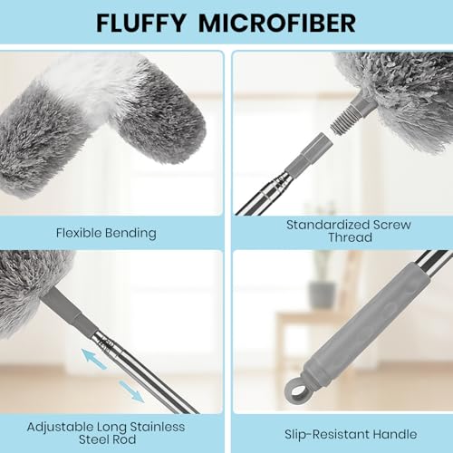 Image of Maxoshine Fan Cleaner Brush with Long Rod Flexible Fan Cleaning Mop Microfiber Dust Cleaner Foldable Duster Microfiber Duster for Cleaning of Home, Kitchen, Car (White /Grey - Feather Duster)