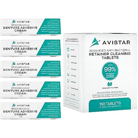 Avistar Extra Strong Denture Adhesive Cream (5 Pack, 7 Fl Oz) and Retainer Cleaning Tablets (150 Mint Flavor, 5 Month Supply) Cover