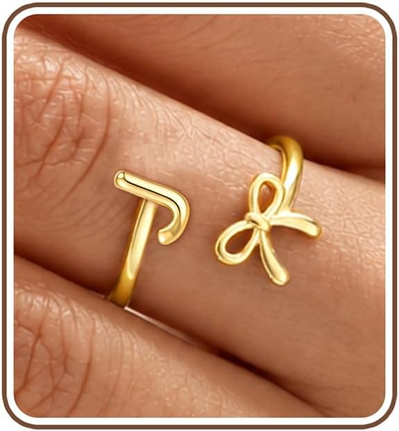 Initial Rings for Women, 14K Gold Plated Bow Rings Birthday Jewelry Gifts
