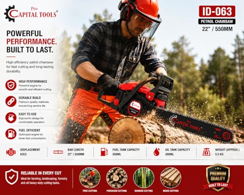 Image of ProCapital Tools ID-063 63CC Heavy-Duty Petrol Chainsaw, 22-Inch Chain Bar | Powerful 2-Stroke Wood Cutting Machine for Farming & Tree Cutting