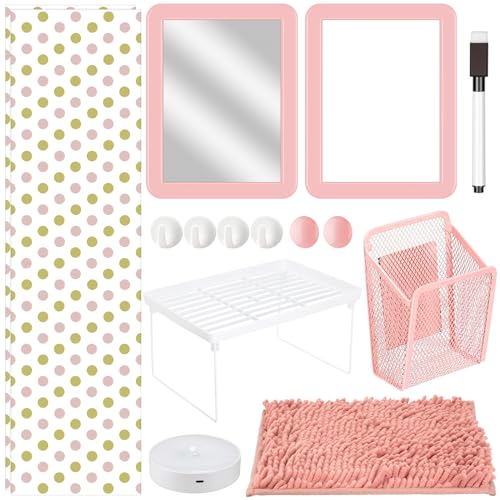 Chuangdi 17 Pcs Locker Organizer and Decorating Kit Back to School Essentials Magnetic Locker Shelf Wallpaper Mirror Whiteboard Dry Erase Marker Rug Locker Accessories for Girls(Pink)