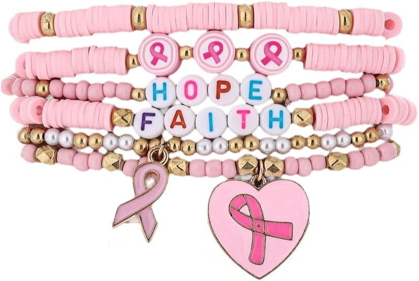 Pingyongchang Breast Cancer Stackable Beads Bracelets Inspirational Pink Ribbon Bracelet for Women Hope Fight Courage Breast Cancer Awareness Encouragement Gift