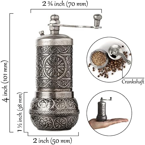 CRYSTALIA Turkish Pepper Grinder, Black Pepper Grinder Mill, Refillable Peppercorn Grinder, Spice Mill with Adjustable Coarseness, Pepper Mill with Crank Handle, Spice Grinder