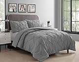 Swift Home Ultra Soft Cozy 3-Piece Pinch Pleat Decorative Pintuck Comforter and Sham(s) Set, All Season Bedding Set – Grey, Full/Queen