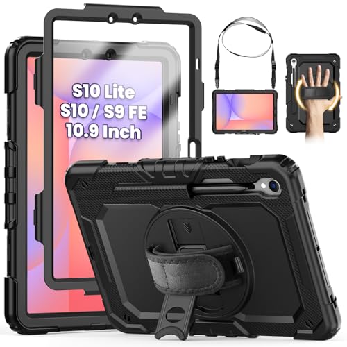 SEYMCY Case for Samsung Galaxy Tab S10 Lite / S10 FE / S9 FE 10.9 inch, Full-body Shockproof with Screen Protector, Rotating Hand Strap & Stand, Shoulder Strap for Samsung S10/S9 Fe Tablet, Black