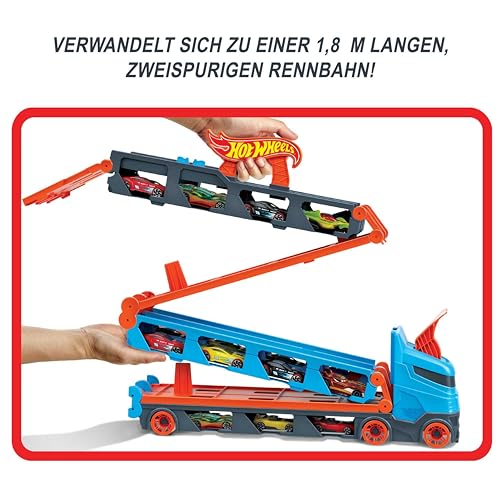 Hot Wheels - 2:1 Autorennbahn zu Transporter, inkl. 3 Spielzeugautos, mit Doppelstarter, Auslösefunktion und Weiche, Platz für 20 Autos, Spielzeug ab 4 Jahre, HGH33
