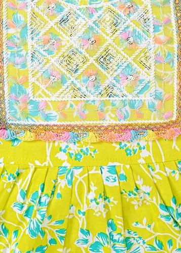 Image of Baby Girls Yellow Ethnic Clothing Set, Mirror Work Embroidered Frock with Zigzag Print Pants, Comfortable Cotton Outfit for Kids