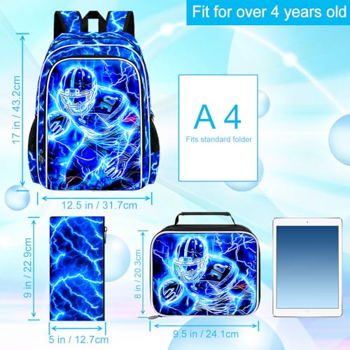 Image of 17 inch Football Backpack for School, Kids Boys Lightning Bookbag with Lunch Box, 3Pcs Backpacks for Elementary Preschool Kindergarten (Blue)