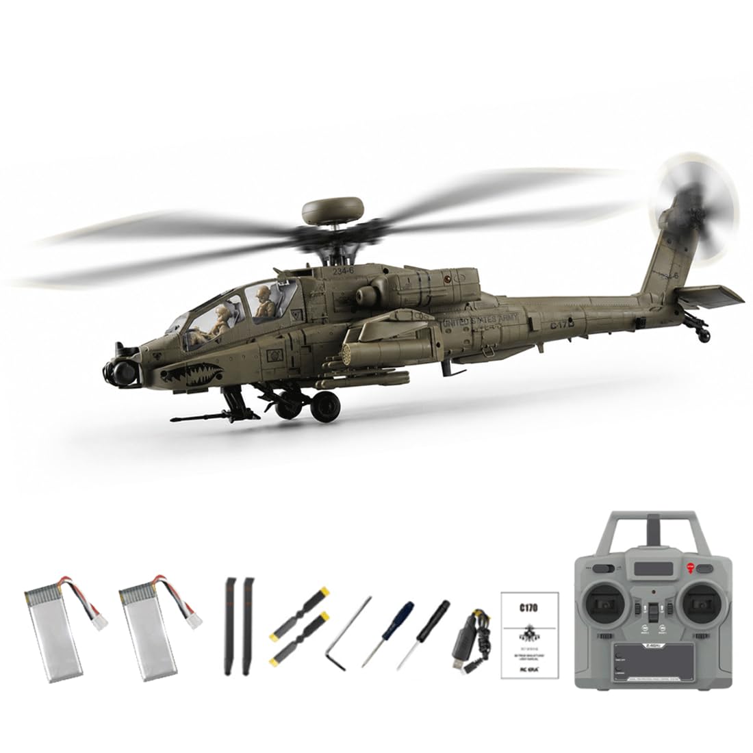 NULA RC-ERA C170 AH-64D 6CH RC Helicopter 1/48 Flybarless Military Aircraft With Optical Flow Positioning,Altitude Hold,Brushless Motor,One-Key Inverted Flight-Army Green/2 Battery