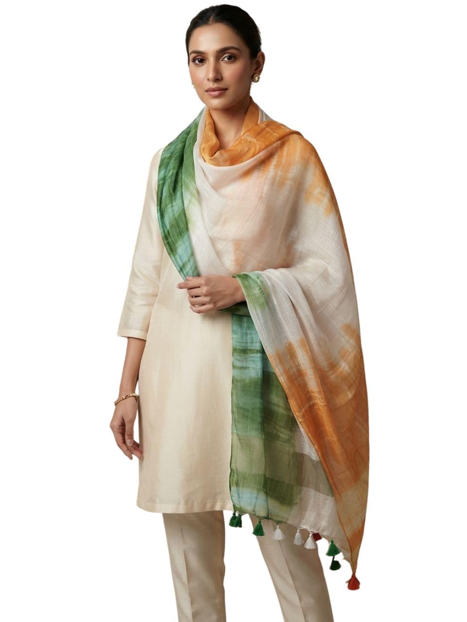 dupatta bazaar Women's Shibori Tri Colour Cotton Silk Blend Dupatta with Tasselled Border | Lightweight Ethnic Stole for Kurti, Suit, Festive and Casual Wear (Design-1, Free Size)-picture-53