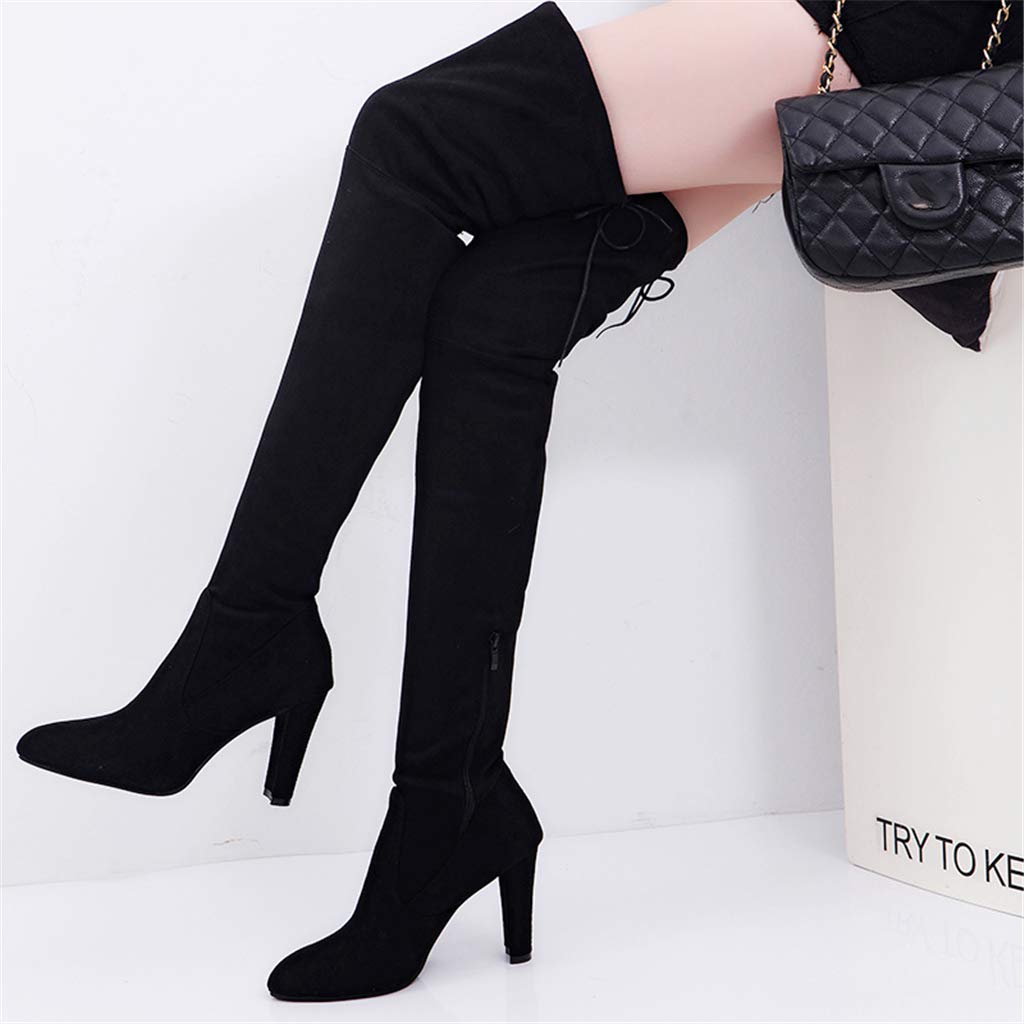 UMore Mujer Elegante Botas Altas Tacón Anchos Botas Muslo Cremallera Botas Altas hasta La Rodilla Talón Grueso Punta Redondeada para Mujer