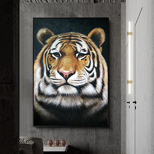 Tableau de tigre bleu et rouge pour salon : grande peinture sur toile faite à la main Feng Shui