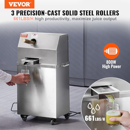 VEVOR Electric Sugar Cane Juicer, 800W Sugarcane Juicer Machine with 661LBS/H High Output, 3 Stainless Steel Rollers, 2.4