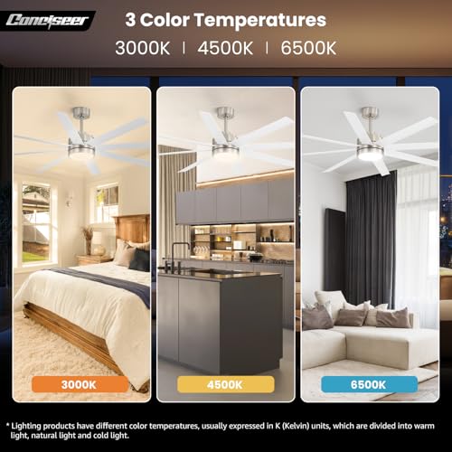 Image of Conciseer 65 Inch Ceiling Fans with Lights and Remote for Bedroom Living Room Kitchen Office, Indoor /Outdoor Use, 3CCT Dimmable, 8 Blades 6 Speed Reversible Quiet DC Motor, Sand-nickel /White