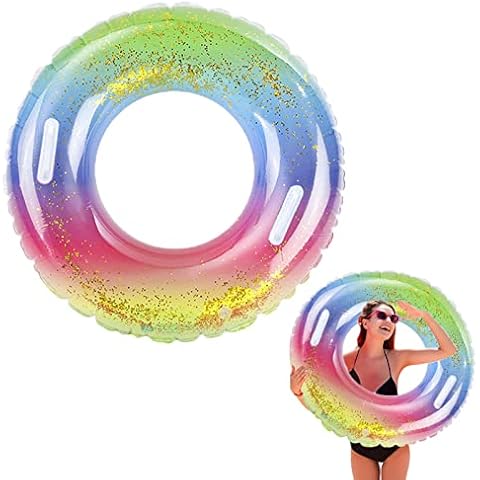 MIRFURT Swimming Ring,Transparent Floating Ring Rainbow Sequins Swim Ring,Inflatable Swimming Ring Tube for Children and Adult Swimming Pool Party Water Sports,Suitable for 16 Years and above Cover