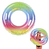 MIRFURT Schwimmring,transparenter schwimmender Ring,Regenbogen Pailletten Schwimmring, aufblasbarer Schwimmring,Rohr für Kinder und Erwachsene,Schwimmbad,Wassersport,für 16 Jahre und älter