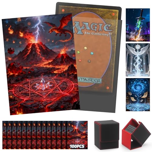 100 MTG Card Sleeves and Commander Deck Box Set, Clear Front & Matte Art Back, Smooth-Shuffle, Magnetic Box Fits 100+ Single-Sleeved Cards Protector for Magic The Gathering TCG (Volcanic Covenant)
