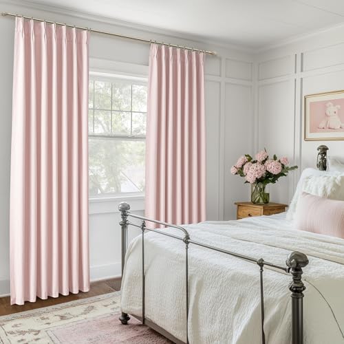 Image of Pink Blackout Thick Linen Drapes 108 Inches Long 2 Panels Set for Bedroom, Extra Long Pinch Pleated Floor to Ceiling Boho Curtains Room Darkening Privacy Ceiling Track Burg for 108 Inch Large Windows