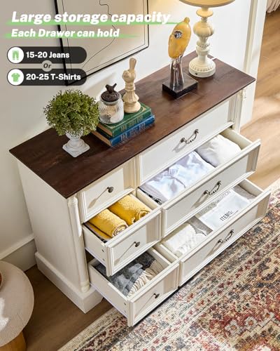 6 Drawers Dresser, Farmhouse Chest of Drawers with Charging Station, Distressed Finish Design, Modern Storage Dressers Organizer TV Stand for Bedroom, Living Room, Hallway, Antique White - Thumbnail 4