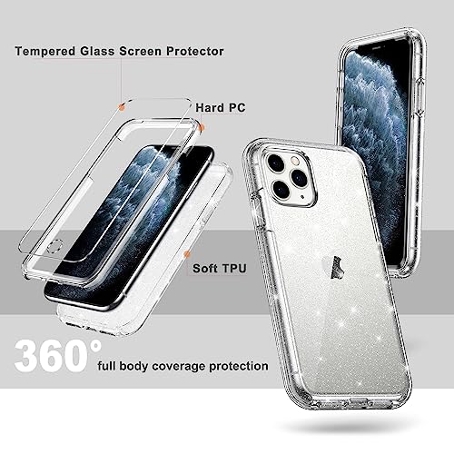 Coolqo Compatible For Iphone 11 Pro Case, With [2 X Tempered Glass Screen Protector] Clear Glitter Sparkle 360 Full Body Coverage Hard Pc+Soft Silicone 3In1 Shockproof Protective Phone Cover #TOP3